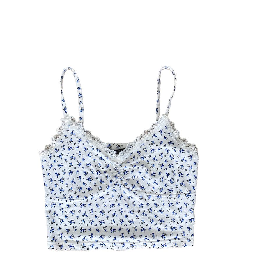 Shein White with Blue Flowers Crop Top Size XS (10)