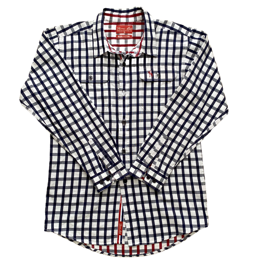Thomas Cook L/S navy/red check shirt - Size 12