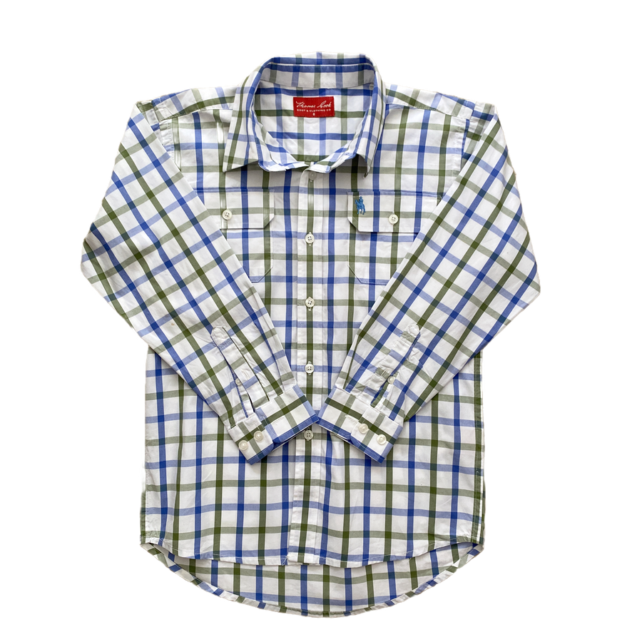 Thomas Cook L/S olive/blue check shirt - Size 8