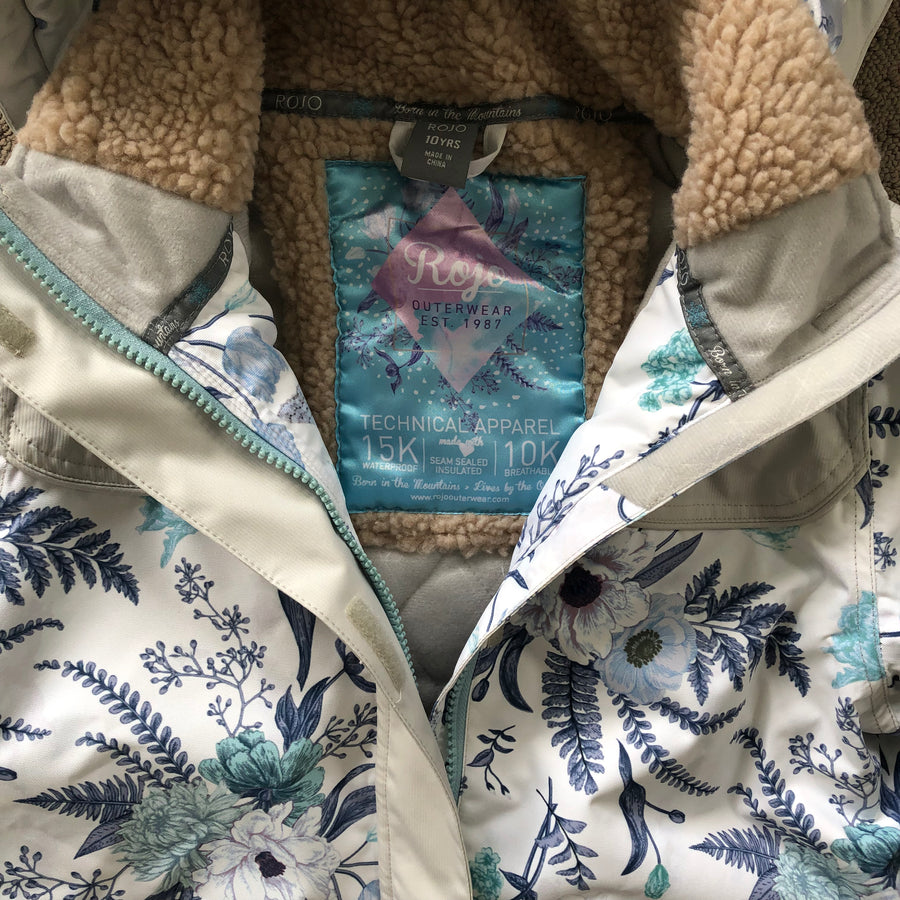 Rojo - Ski Jacket - White with blue flowers- Size 10